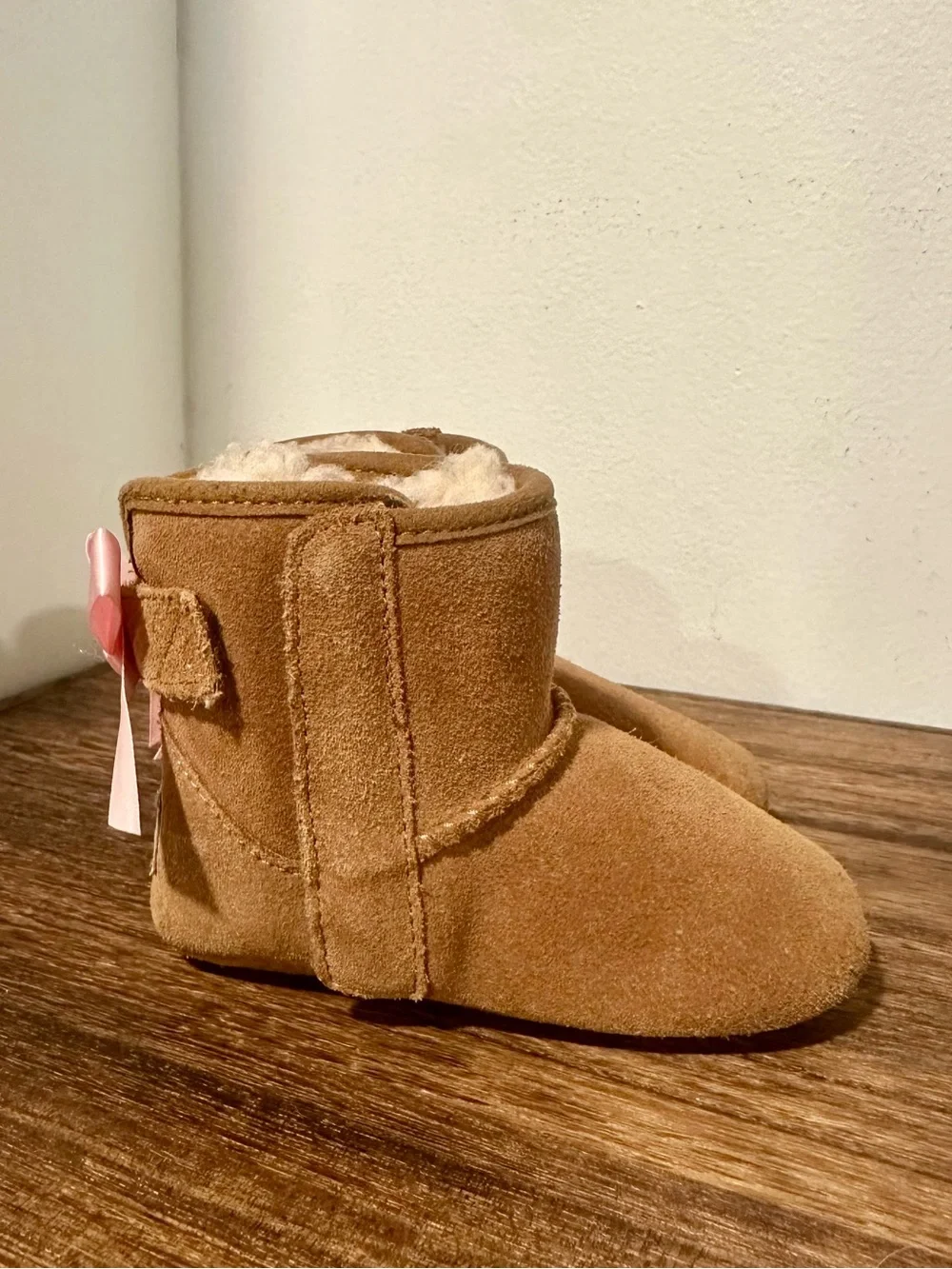 UGG Baby Chestnut Suede Booties with Pink Ribbon Accents, 2-3